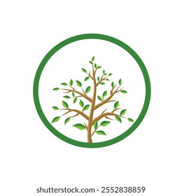 Ilustración vectorial de un simple logo de un árbol rodeado por un círculo verde, que simboliza el crecimiento y la naturaleza. Ideal para temas ambientales y marcas ecológicas.