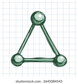 Vector illustration of a simple triangular molecular structure with round green atoms and connecting bonds. Hand drawn in vintage scientific style on a grid grid paper.