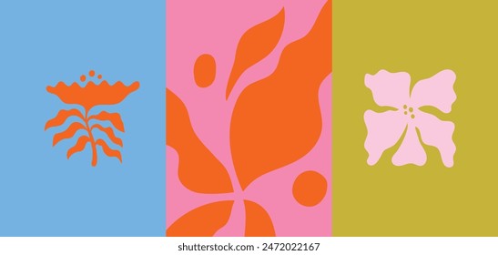 Vector illustration in simple wavy and groovy naive style, flowers and plants, floral botanic hand drawn design templates, frames and modern wall art prints, posters, placards, packaging, branding

