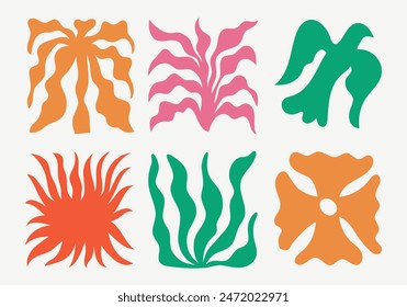 Vector illustration in simple wavy and groovy naive style, flowers and plants, floral botanic hand drawn design templates, frames and modern wall art prints, posters, placards, packaging, branding

