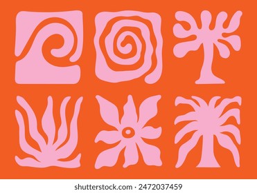 Vector illustration in simple wavy and groovy naive style, flowers and plants, floral botanic hand drawn design templates, frames and modern wall art prints, posters, placards, packaging, branding

