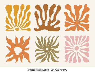 Vector illustration in simple wavy and groovy naive style, flowers and plants, floral botanic hand drawn design templates, frames and modern wall art prints, posters, placards, packaging, branding

