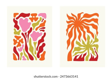 Ilustración vectorial en estilo simple ondulado y groovy naive, flores y plantas, botánico floral dibujado a mano Plantillas de diseño, marcos y modernos estampados de arte de pared, carteles, carteles, embalaje, marca
