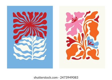 Vector illustration in simple wavy and groovy naive style, flowers and plants, floral botanic hand drawn design templates, frames and modern wall art prints, posters, placards, packaging, branding
