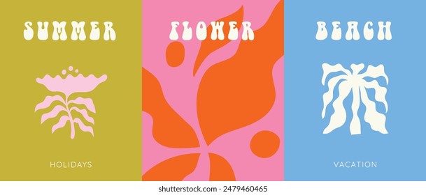 Ilustración vectorial en estilo simple ondulado y groovy naive, flores y plantas, marcos florales y estampados de arte moderno de la pared, carteles, carteles, embalaje con espacio de copia para el texto