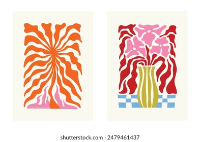 Ilustración vectorial en estilo simple ondulado y groovy naive, flores y plantas, botánico floral dibujado a mano Plantillas de diseño, marcos y modernos estampados de arte de pared, carteles, carteles, embalaje, marca
