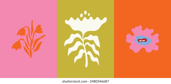 Vector illustration in simple wavy and groovy naive style, flowers and plants, floral botanic hand drawn design templates, frames and modern wall art prints, posters, placards, packaging, branding