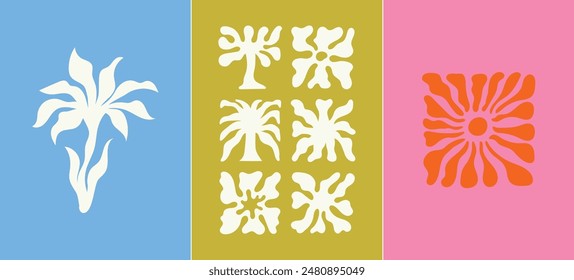 Vector illustration in simple wavy and groovy naive style, flowers and plants, floral botanic hand drawn design templates, frames and modern wall art prints, posters, placards, packaging, branding