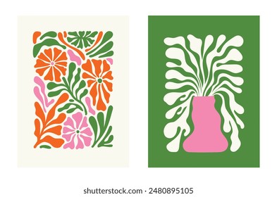 Vector illustration in simple wavy and groovy naive style, flowers and plants, floral botanic hand drawn design templates, frames and modern wall art prints, posters, placards, packaging, branding
