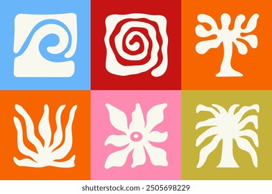 Vector illustration in simple wavy and groovy naive style, flowers and plants, floral botanic hand drawn design templates, frames and modern wall art prints, posters, placards, packaging, branding