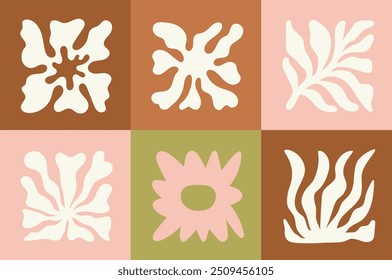 Ilustración vectorial en estilo ingenuo simple ondulado y groovy, flores y plantas, Plantillas de diseño botánico floral dibujado a mano, marcos y murales modernos, carteles, carteles, empaques, marcas