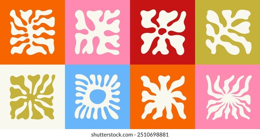 Vector illustration in simple wavy and groovy naive style, flowers and plants, floral botanic hand drawn design templates, frames and modern wall art prints, posters, placards, packaging, branding