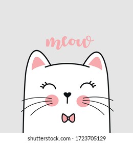 Vector illustration of simple white cat with pink bow peek around the corner, cute cartoon card for your design with little kitten and lettering meow isolated on empty grey background