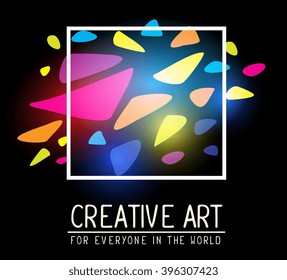 Vector illustration of simple white square frame within colorful spots and text on black background. Art design for web, site, advertising, banner, poster, flyer, brochure, board, card, paper print.