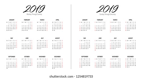 Vector Illustration Of Simple Year 2019 Calendar. Monday Through Sunday And Sunday Through Saturday Version