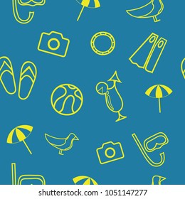 Vector illustration. Simples pattern with the image of the attributes of summer holidays. Seagull, umbrella, ball, cocktail, camera