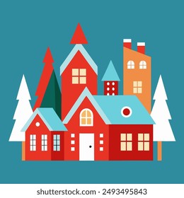 Vector illustration of a simple-style house with Christmas trees next to it, designed in a charming, child-friendly style. Perfect for holiday projects, children's illustrations, and seasonal graphics