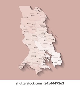 Vector illustration. Simplified administrative map of Republic of Karelia, Russian region. Beige shapes of districs. Brown background. Note, names of karelian provinces, cities are in Russian language