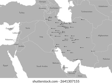 Vector illustration. Simplified administrative map of Iran with capital, big cities and town with nuclear objects. Border of neighboring countries, include Israel, Iraq, Saudi Arabia. Grey shape. 