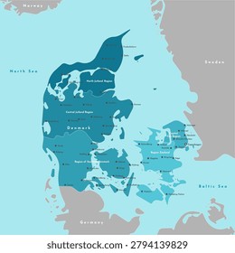 Vector illustration. Simplified administrative map of Denmark. Border with nearest states Germany, Sweden, Norway. Blue background of North and Baltic seas. Names of some cities and regions