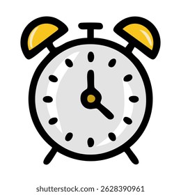 A vector illustration of a simplified alarm clock design, featuring bold black outlines, light grey face, and bright yellow bell tops, conveying a sense of minimalist timekeeping.