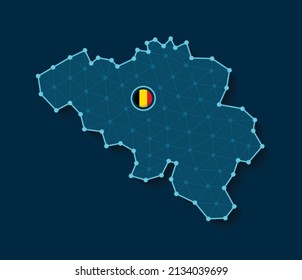 Vector illustration of simplified Belgium map silhouette in a futuristic digital blue design with a mesh connecting dots and national flag placed in its capital city