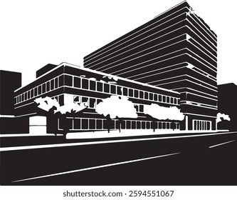 Vector illustration of a simplified, black and white, multi-story office building with a smaller ground floor section.