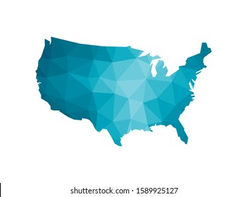 Vector illustration with simplified blue silhouette of United States of America (USA) map. Polygonal geometric style, triangular shapes. White background.