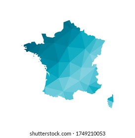 Vector illustration with simplified blue silhouette of France map. Polygonal geometric style, triangular shapes. White background