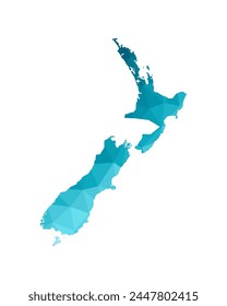 Vector illustration with simplified blue silhouette of New Zealand map. Polygonal triangular style. White background.