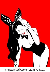 vector illustration with a simplified, cartoon image of a beautiful girl in a rabbit costume on a red background for prints on postcards, banners, and for the design of nightclubs, bars and studios