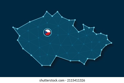 Ilustración vectorial de la silueta de mapa simplificada de la República Checa en un diseño azul digital futurista con una malla que conecta puntos y bandera nacional colocada en su ciudad capital