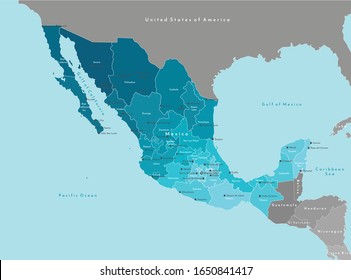 Vector illustration. Simplified geographical  map of Mexico (United Mexican States) and nearest countries (USA, Belize and etc). Blue background of Pacific ocean. Names of mexican cities and states