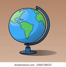 Ilustración vectorial de un globo simplificado en un stand, con continentes verdes y océanos azules, ideal para fines educativos o de diseño geográfico