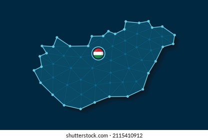 Ilustración vectorial de la silueta de mapa simplificada de Hungría en un diseño azul digital futurista con una malla que conecta puntos y bandera nacional colocada en su ciudad capital