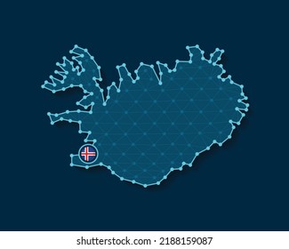 Vector illustration of simplified Iceland map silhouette in a futuristic digital blue design with a mesh connecting dots and national flag placed in its capital city