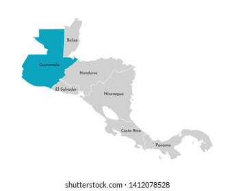 Vector illustration with simplified map of Central America region with blue contour of Guatemala. Grey silhouettes, white outline of states' border