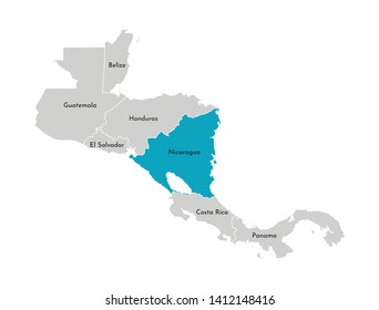 Vector illustration with simplified map of Central America region with blue contour of Nicaragua. Grey silhouettes, white outline of states' border