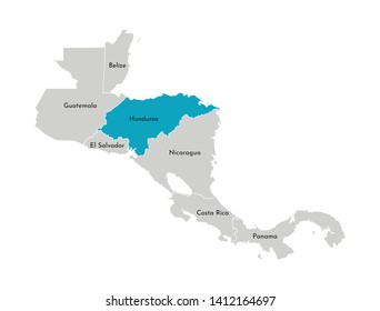 Vector illustration with simplified map of Central America region with blue contour of Honduras. Grey silhouettes, white outline of states' border