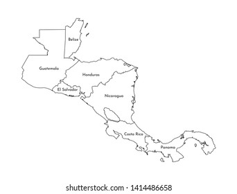 Vector illustration with simplified map of Central America. Black line silhouettes of states' border. White background