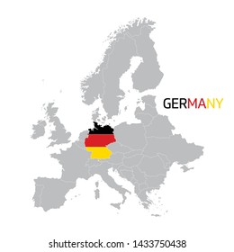 Vector illustration with simplified map of Europe with flag of Germany. Grey silhouettes, white outline.
