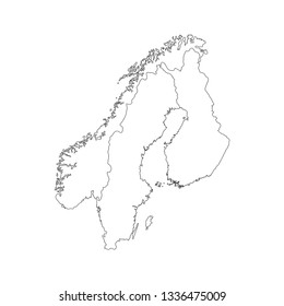 Vector illustration with simplified map of European Scandinavian states (Finland, Norway, Sweden). White silhouettes, black outline and background