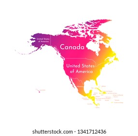 Vector illustration with simplified map of North American continent with states border (countries: USA, Mexico, Bahamas, Canada, Costa Rica, Cuba and others). Colorful silhouettes, white background. 