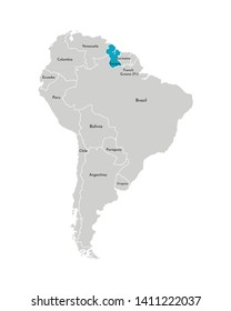 Vector illustration with simplified map of South America continent with blue contour of Guyana. Grey silhouettes, white outline of states' border