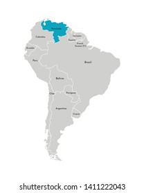 Vector illustration with simplified map of South America continent with blue contour of Venezuela. Grey silhouettes, white outline of states' border