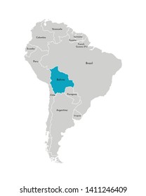 Ilustración vectorial con mapa simplificado del continente sudamericano con contorno azul de Bolivia. Siluetas grises, contorno blanco de la frontera estatal