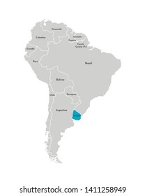 Vector illustration with simplified map of South America continent with blue contour of Uruguay. Grey silhouettes, white outline of states' border