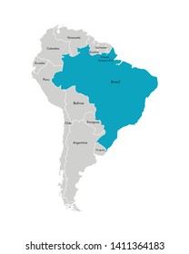 Vector illustration with simplified map of South America continent with blue contour of Brazil. Grey silhouettes, white outline of states' border.