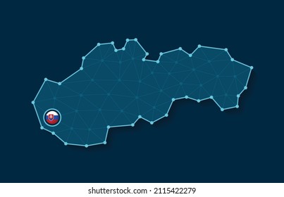 Ilustración vectorial de la silueta de mapa simplificada de Eslovaquia en un diseño azul digital futurista con una malla que conecta puntos y bandera nacional colocada en su ciudad capital