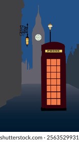 Vector illustration in a simplified style of a London telephone box at night against a cityscape background, for the design of illustrations, interiors and scenes in the European urban style